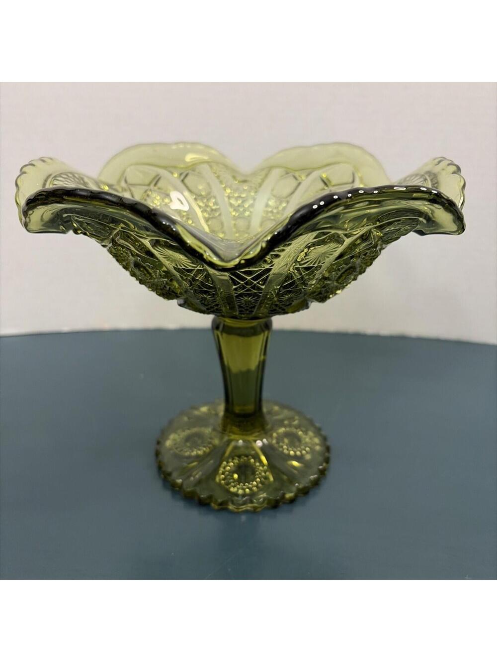 Vintage Imperial Glass Olive Green Hobstar Fan Ruffled Pedestal Compote Dish